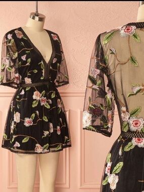 Honey Punch Embroidered Black Mesh Floral Romper